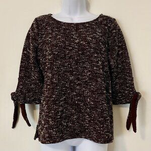 ANN TAYLOR Maroon White Speckled Tweed Tie Sleeve Cuffs Top Career Wear Size MP